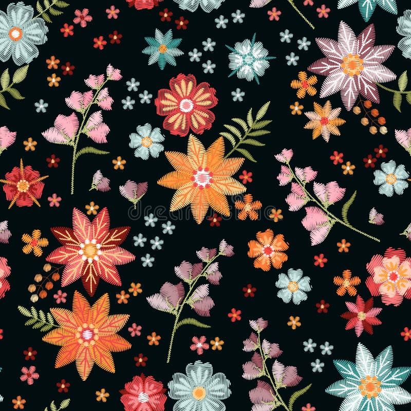 Broderie florale colorée sur le fond noir Beau mod?le sans couture avec des fleurs d'?t? illustration stock Broderie florale colorée sur le fond noir Beau mod?le sans couture avec des fleurs d'?t? illustration stock