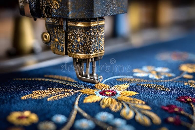 Broderier som förmedlar floran design på blå väv arkivbilder