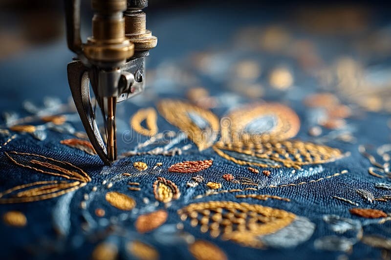 Broderier som skapar flormönster av guld och silver i blått tyg arkivfoton