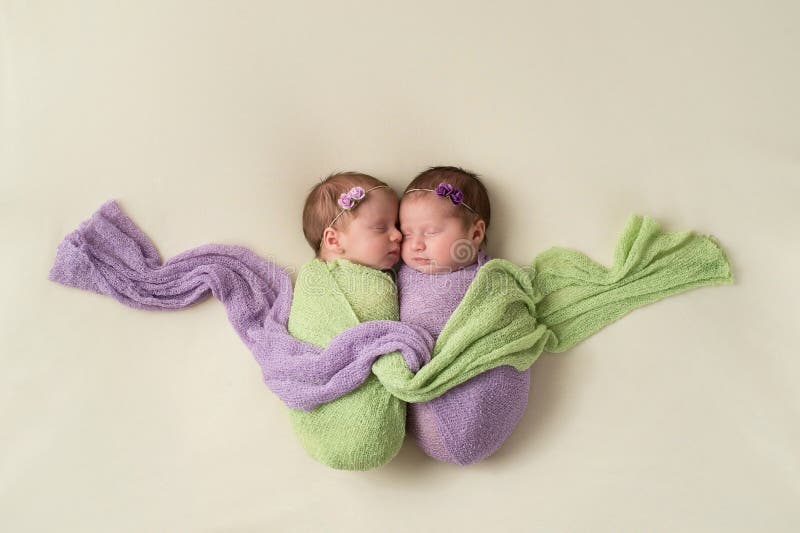Fraternal twin newborn baby girls swaddled together in light green and lavender stretch wrap material. Fraternal twin newborn baby girls swaddled together in light green and lavender stretch wrap material.