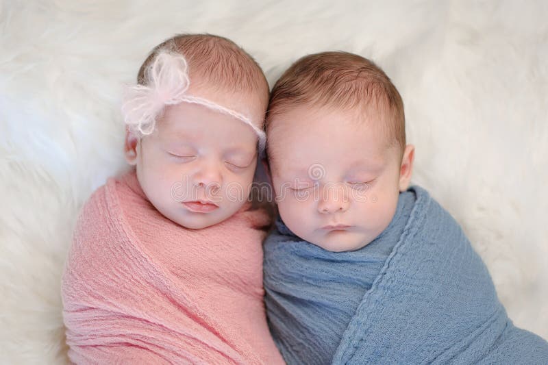 Two month old, fraternal twin, brother and sister babies swaddled in pink and blue wraps and sleeping on a sheepskin rug. Two month old, fraternal twin, brother and sister babies swaddled in pink and blue wraps and sleeping on a sheepskin rug.