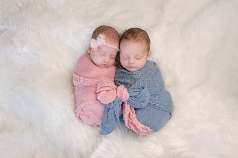 Two month old, boy and girl fraternal twin babies. They are sleeping and swaddled together in pink and blue wraps that are tied together in a bow. Two month old, boy and girl fraternal twin babies. They are sleeping and swaddled together in pink and blue wraps that are tied together in a bow.