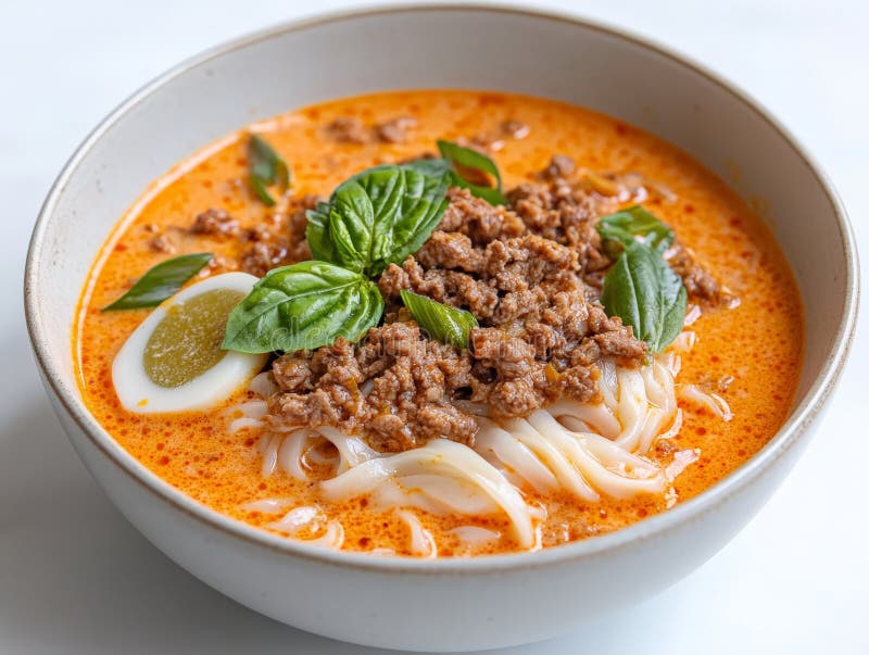 Brodo di noodle piccante di crema avariata con foglie di basilico fresche, di carne macinata, con uova sode e olio di peperoncino royalty illustrazione gratis