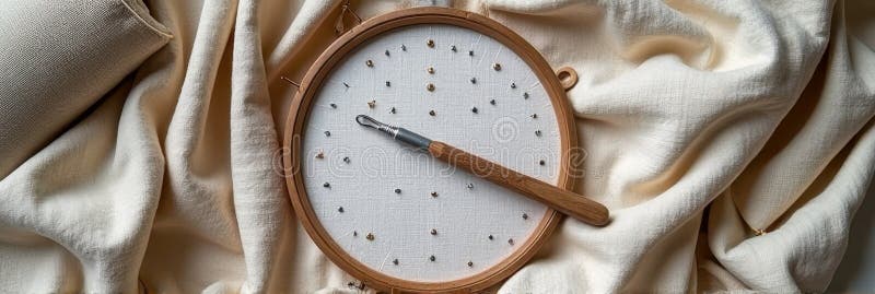Broidery-hake med nål på mjuk vävnadsbakgrund arkivbild