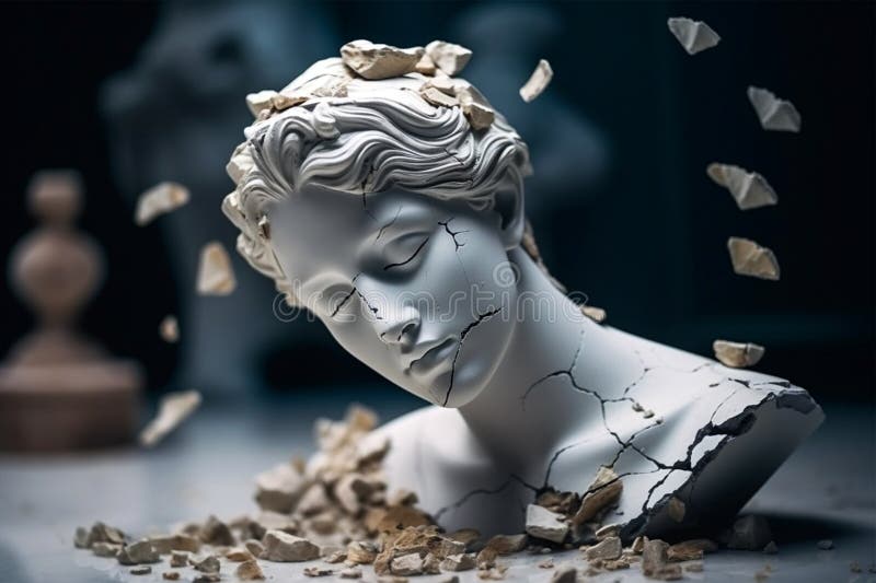 Broken ancient greek statue head falling in pieces. Broken marble