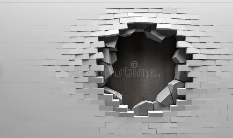 Broken Brick Wall with Metal Plate Behind 3d illustration