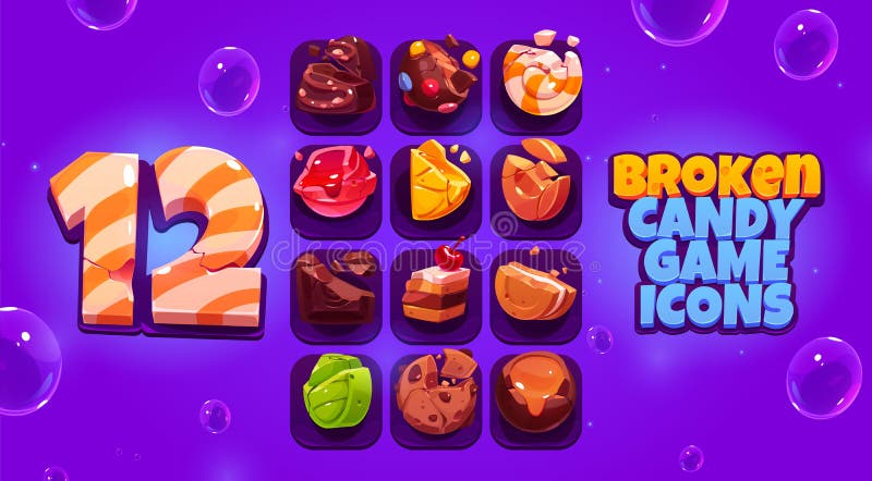Broken candy game icons, cartoon crushed sweets stock illustration