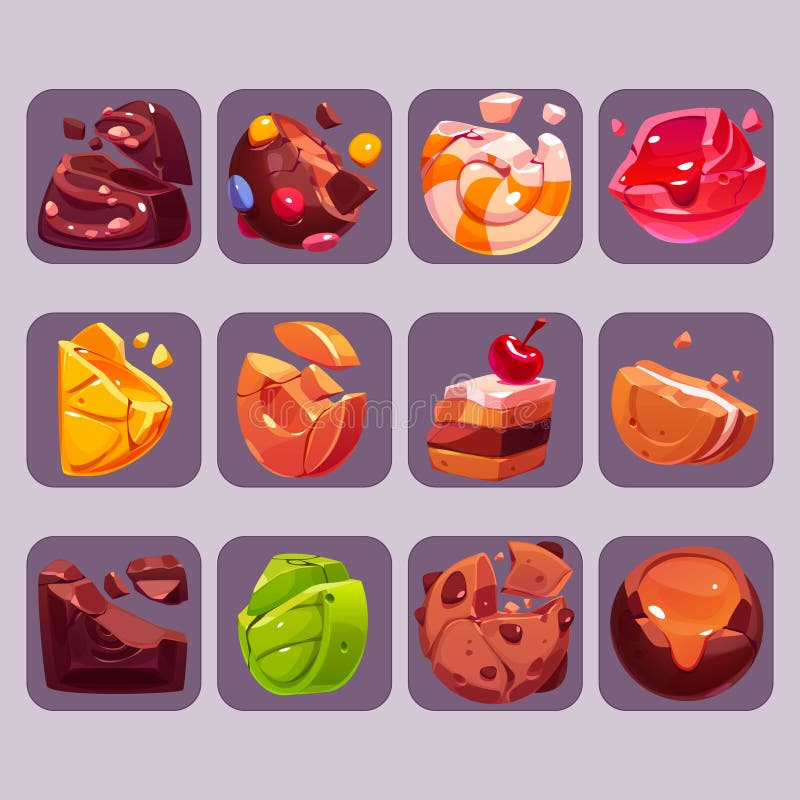 Broken candy game icons cartoon crushed sweets stock illustration
