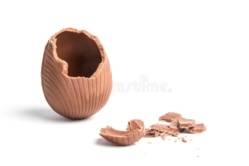 Broken chocolate easter egg on white background. Broken chocolate easter egg on white background