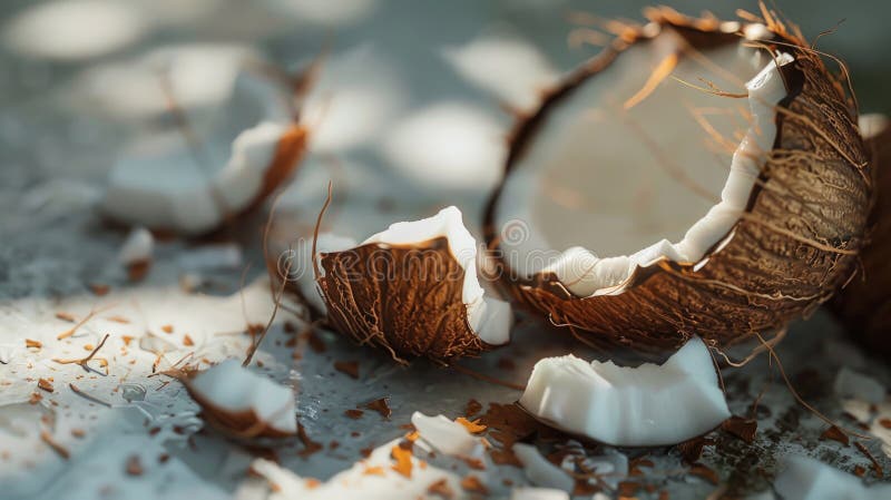 A broken coconut placed on a table, suitable for tropical themed designs stock photo