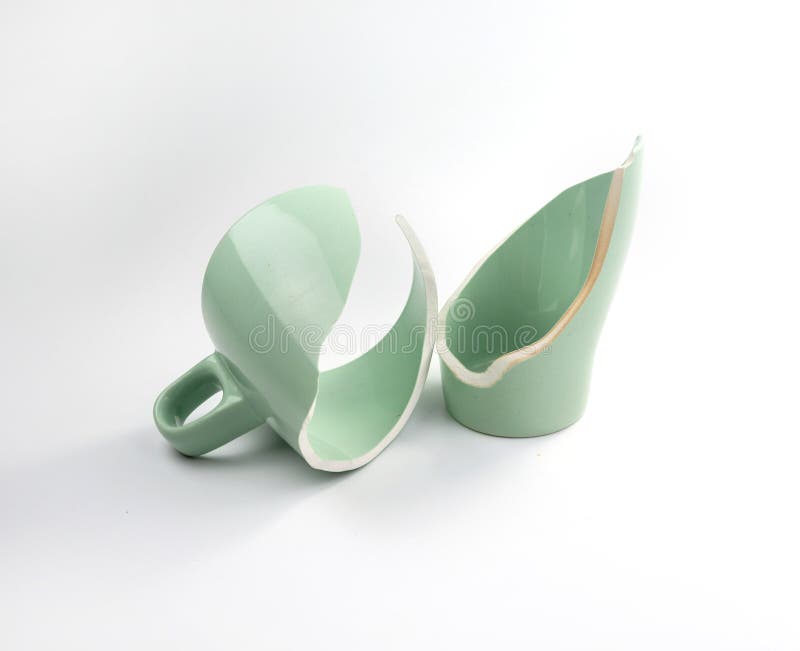 Broken Coffee Mug on White Background, Broken Cup Pieces, Broken