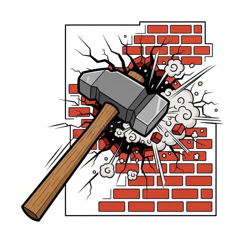 Broken computer keyboard with scattered keys and hammer smashing keys causing damage in office setting royalty free illustration