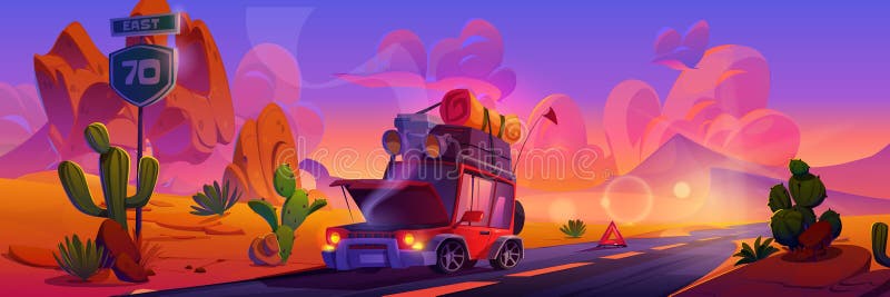 Mașină distrusă pe șosea în deșert royalty free illustration