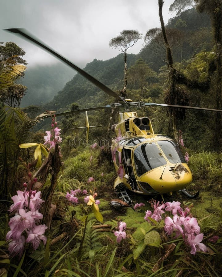 Un elicopter distrus acum odihnește o masă de orhidee parfumate abandonate. generare AI vector illustration