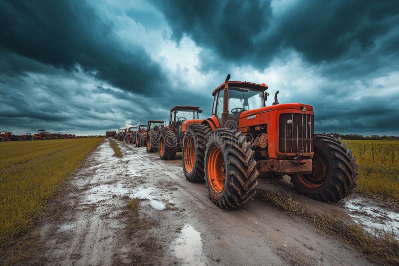 Broken-down tractors line a muddy path under a dramatic sky on an empty field during a cloudy day. Several broken-down tractors sit along a muddy road in an empty field, surrounded by dark clouds, creating a stark contrast against the landscapes emptiness