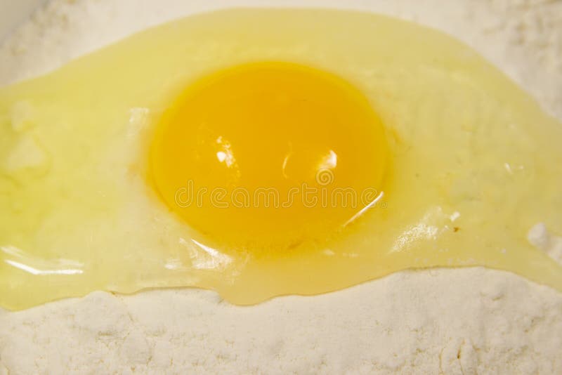 Broken egg on flour close-up stock photography