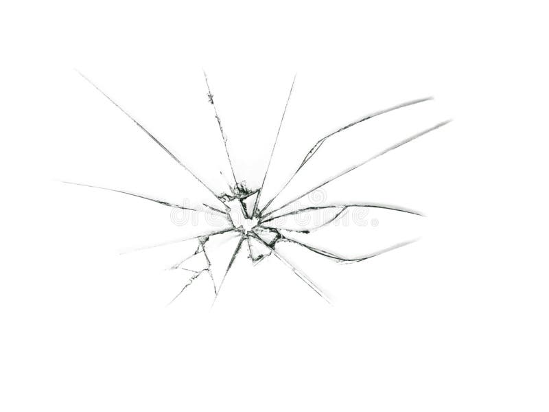 Broken glass. A split in a transparent window. Illustration of the crack. Glass cracks on a white background texture