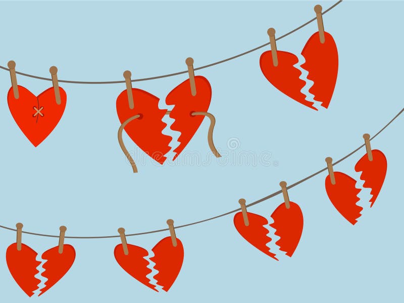 Broken Hearts hanging from clothing line from pegs