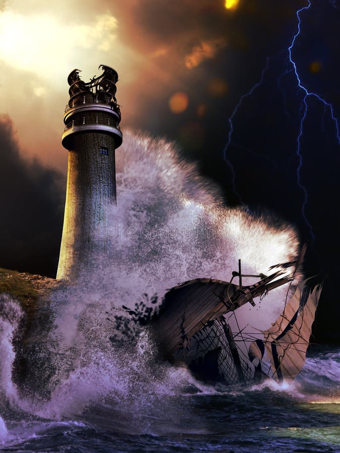 lighthouse and sailboat stock illustration. illustration
