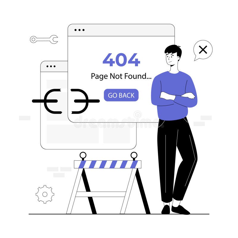 Broken link. Wrong site address and technical problems. 404 error page not found. People holding a broken chain. Vector royalty free illustration