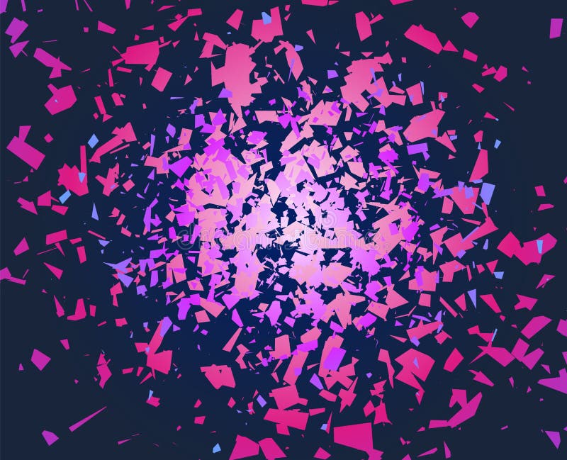 Broken particles burst. Shattered style background, colorful abstract geometric explosion. Vector background design with stock illustration