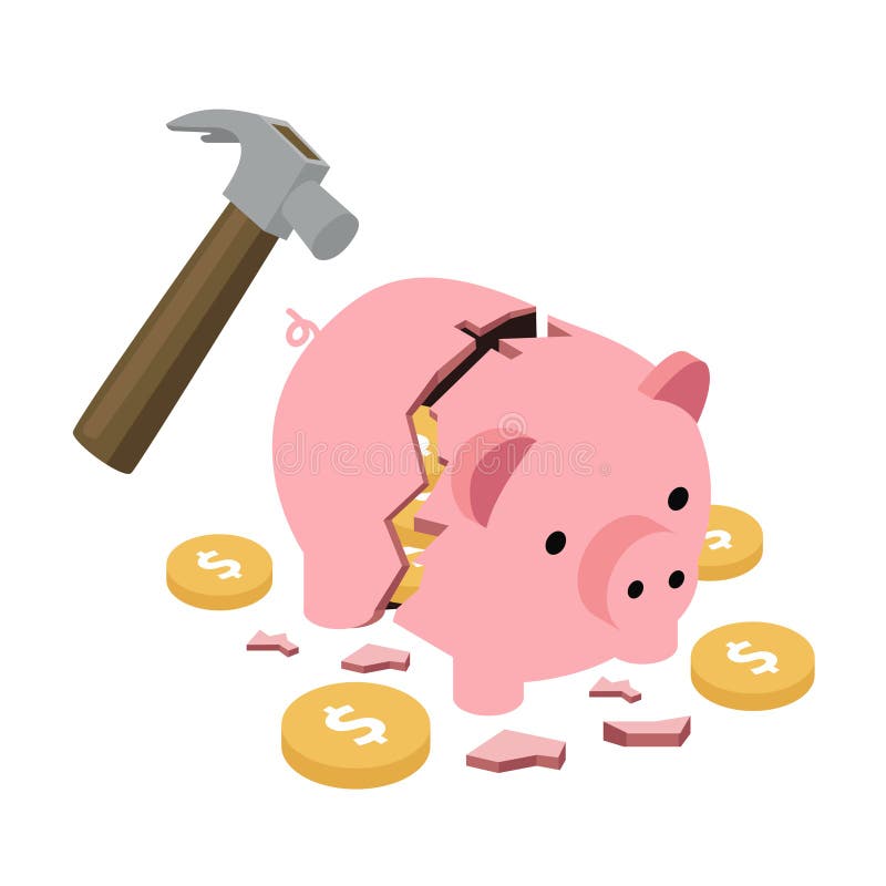 Broken Piggy Bank with Hammer and Coins Savings Concept stock illustration