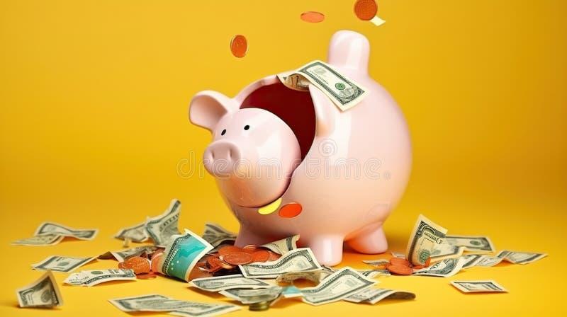 Broken piggy bank with money on colored background. Generative AI.
