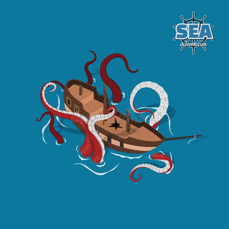 Broken sailer with kraken on blue background. Sailboat in isometric style. 3d illustration of ancient ship. Pirate game