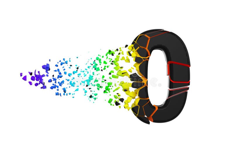 Broken shattered iridescent alphabet number 0. Crushed black and rainbow font. 3D render isolated on white background. royalty free illustration Broken shattered iridescent alphabet number 0. Crushed black and rainbow font. 3D render isolated on white background. royalty free illustration