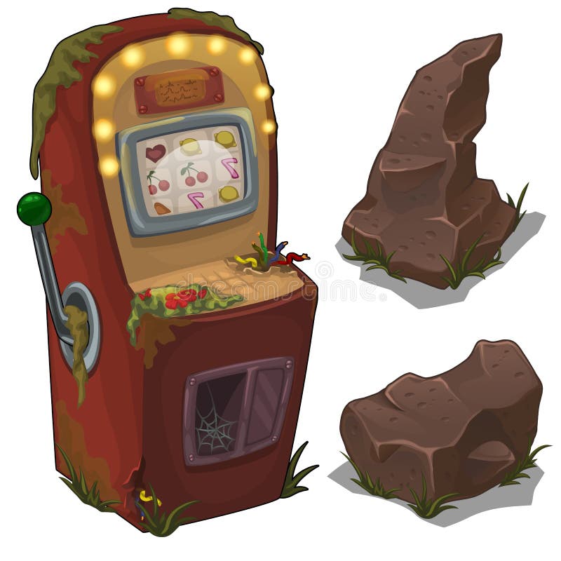 Broken slot machine and stones. Vector isolated stock illustration