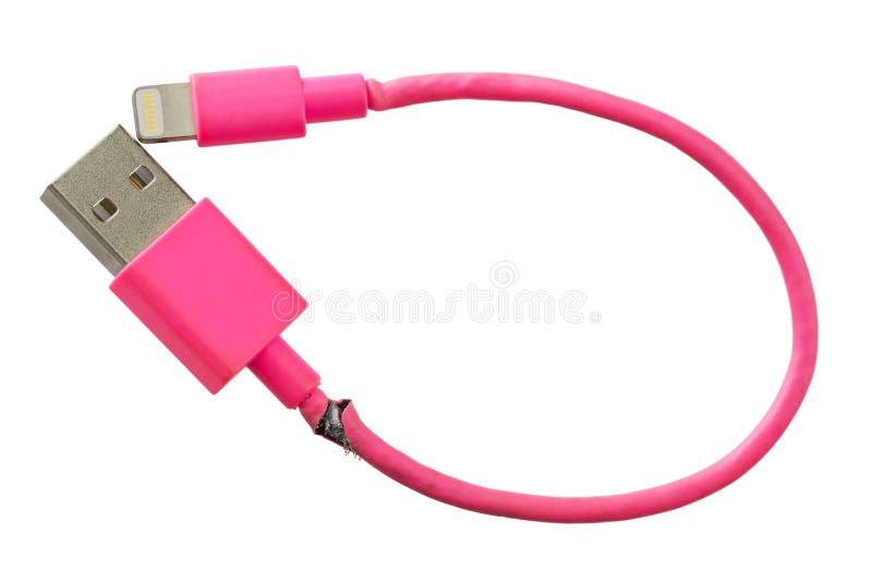 Broken smart phone charger pink USB cable isolated on white back