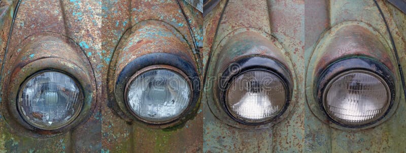 Broken spotlights  on the rusty iron of agreen  rotten truck  vintage  collage  background. Broken spotlights  on the rusty iron of agreen  rotten truck  vintage  collage  background