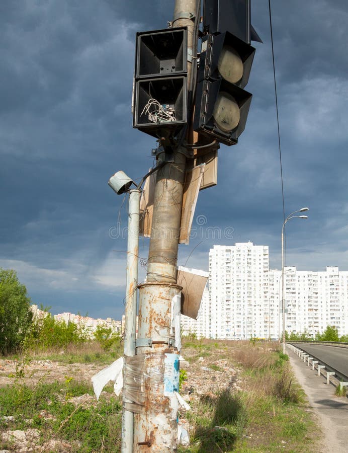 Broken Traffic Lights on the Post Stock Photo Image of demolished