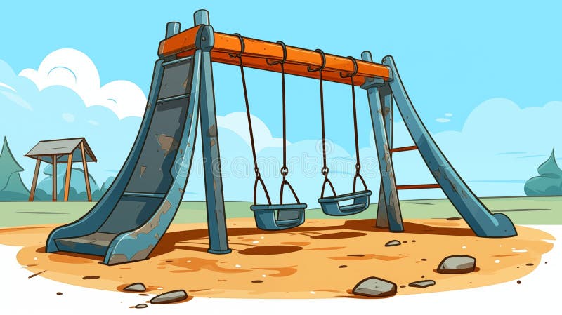 Damaged playground swing poses danger to children due to wear, AI Generated. Broken and worn-out playground swing, abandoned and unsafe for children to use. Cautionary image emphasizing the potential danger in neglected recreational spaces. AI Generated