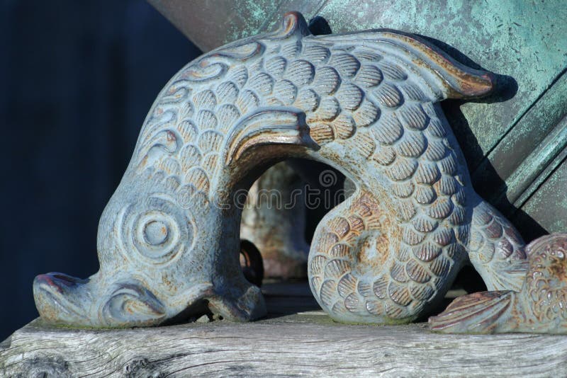 Bronze Fish Head, from Which Water Flows. Part of the Fountain. Stock