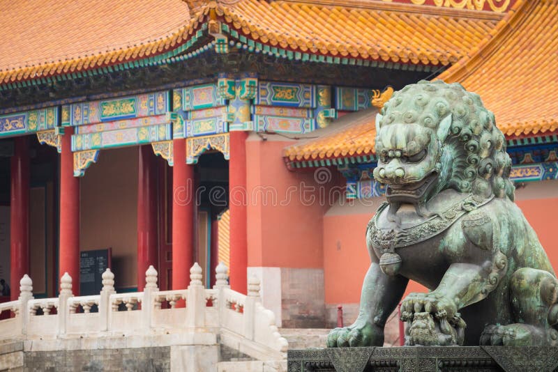Bronze lion in front of the Hall of Supreme Harmony in Beijing F