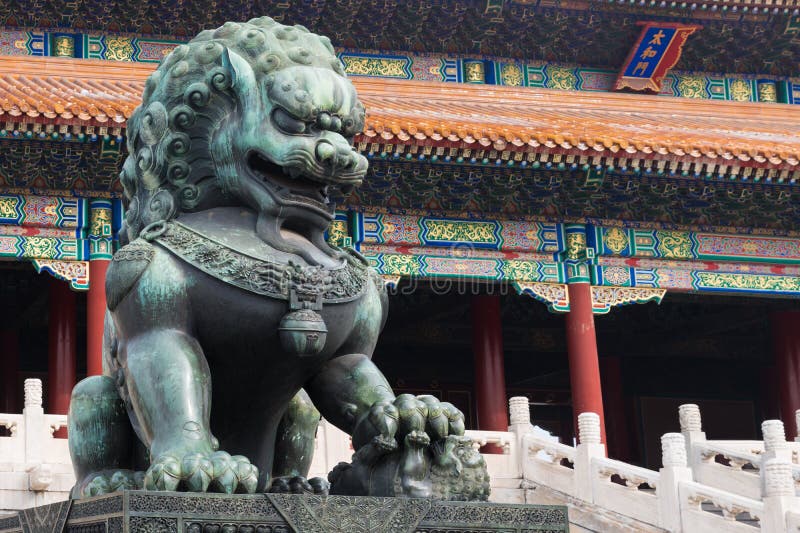 Bronze lion in front of the Hall of Supreme Harmony in Beijing Forbidden City, Forbidden City is one of China`s landmarks