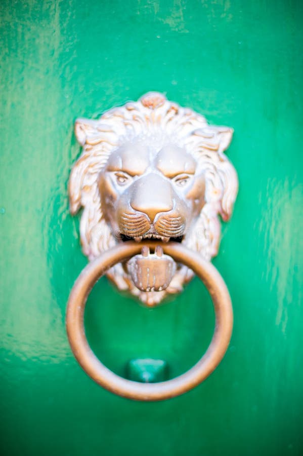 Bronze Lion Head Handle on Green Door Stock Photo Image of antique