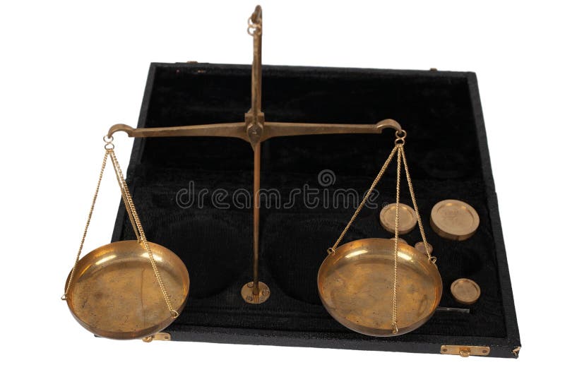 Bronze Traditional Balance Scale Set with Weights in Box Stock Photo