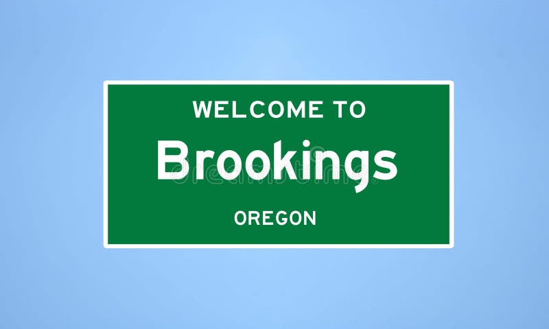 Isolated US city limit sign of Brookings, located in Curry county, Oregon. Place name sign from the USA on blue background. Isolated US city limit sign of Brookings, located in Curry county, Oregon. Place name sign from the USA on blue background.