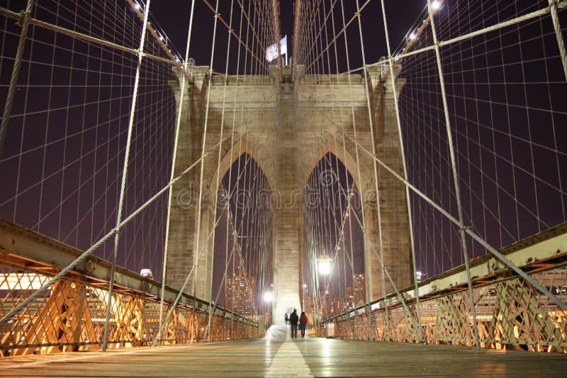 Brooklyn Bridge arch on a cold winter night stock image
