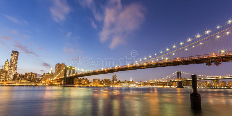 Brooklyn Bridge and Downtown New York City in Beautiful Sunset Stock ...