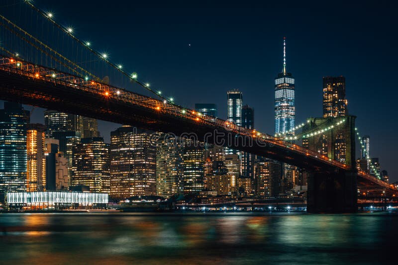 The Brooklyn Bridge and Manhattan skyline at night, from DUMBO, Brooklyn, New York City