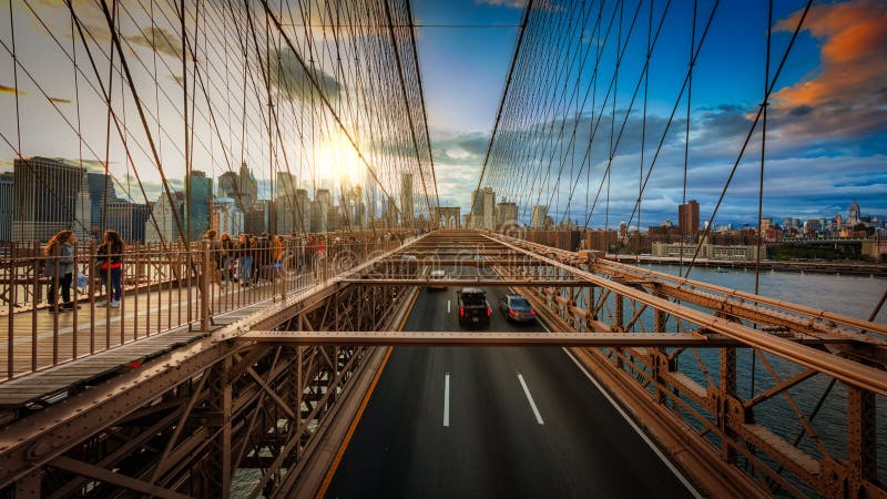 Brooklyn Bridge at sunset editorial photo. Image of urban - 131234286