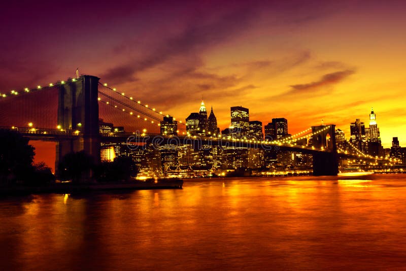 Brooklyn Bridge at sunset stock image. Image of lights 35420115