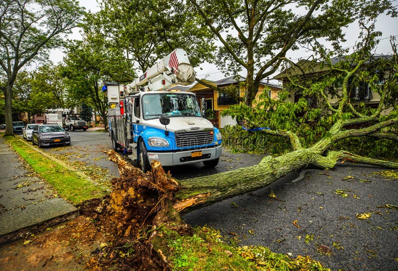 BROOKLYN, NEW YORK - AUGUST 6, 2020: Con Edison repair crew restores power and clears street the aftermath of severe weather as tropical storm Isaias hits New York City