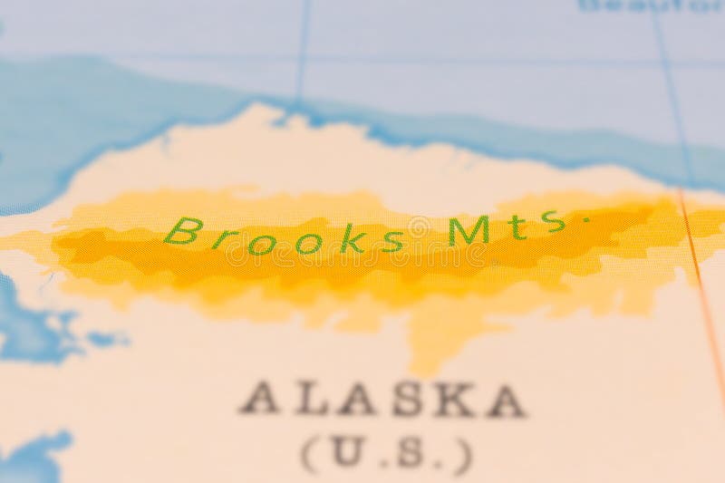 Brooks Mountains in Focus on a Tilted World Map. Stock Image Image of