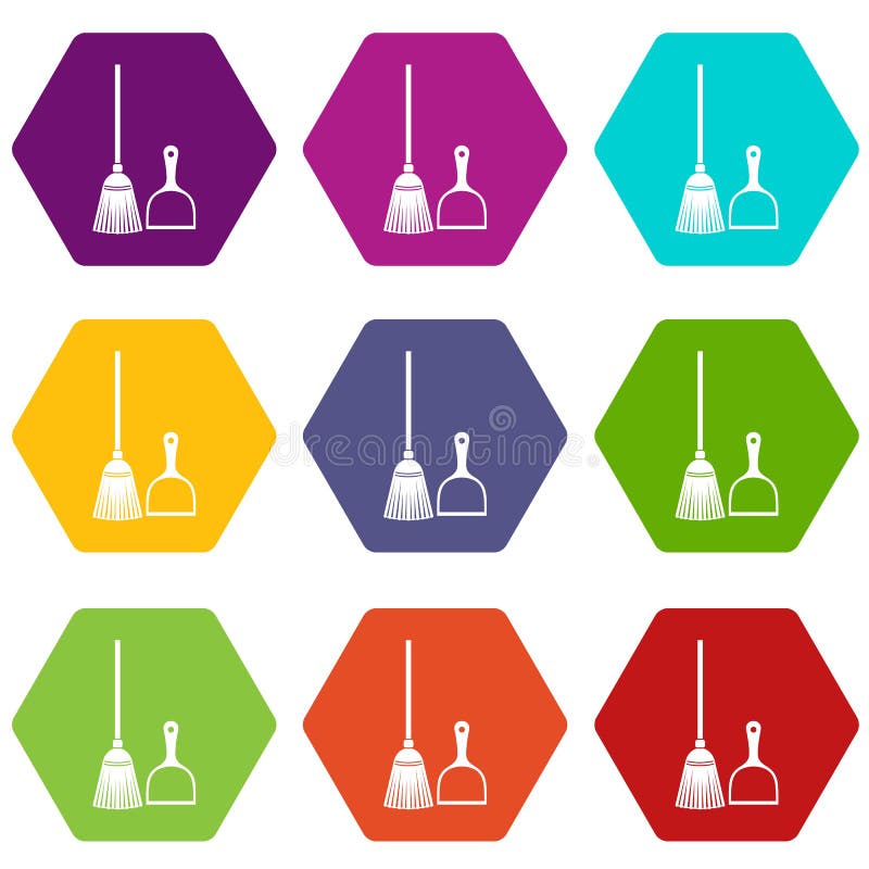 Broom and dustpan icon set color hexahedron royalty free illustration