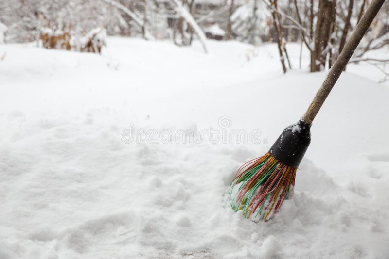 A Broom in the Snow. Snow Removal in Winter Stock Image Image of