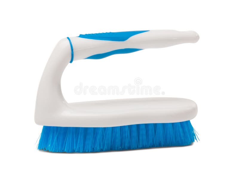 Brosse d'armature utilisÃ©e pour le nettoyage Ã  l'aide d'une poignÃ©e blanche et de poils bleus sur fond blanc